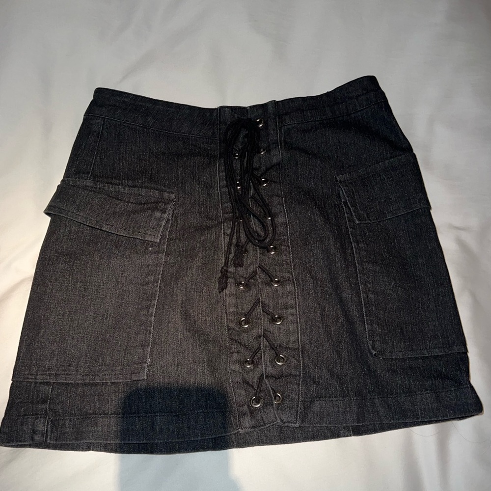 grey denim mini skirt lace up front